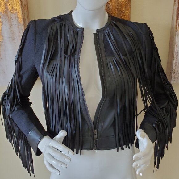 BCBGMAXAZRIA Farrell Black Fringe-Trim Faux Leather Short Jacket SZ XS - Picture 3 of 15